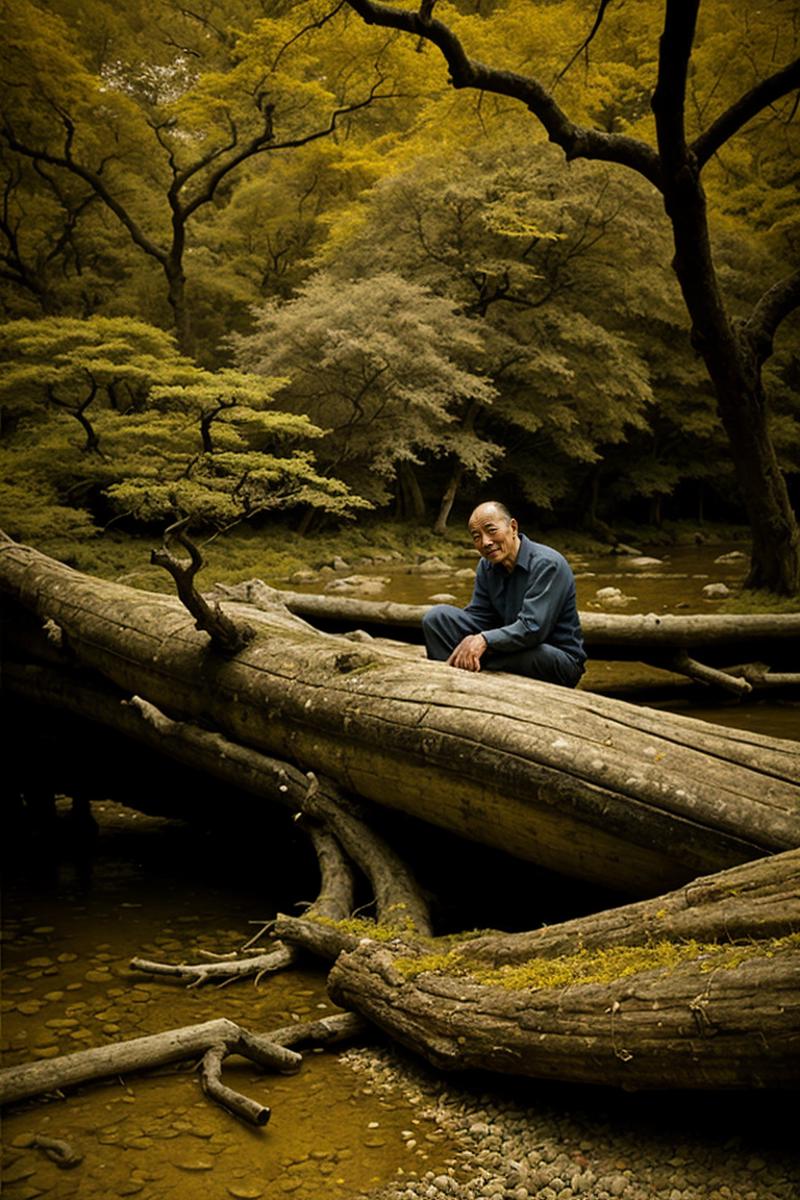 72425-664396159-barnum-sepia, surreal, dreamy, zen dry garden by river, 1 happy Chinese old man Sun Li  Doe thin smiling sitting on fallen  tree.png